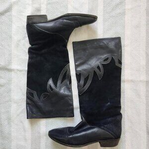 vintage boho Blue Black leather and suede cowboy ish boots